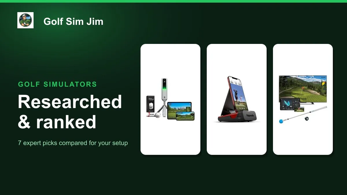 Seven affordable golf simulator components including launch monitors, an enclosure screen and a hitting mat set up in a home garage bay