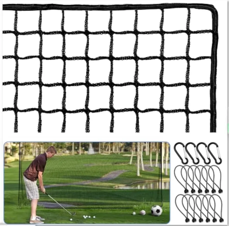 Amazgolf heavy duty barrier netting strung across a backyard practice area