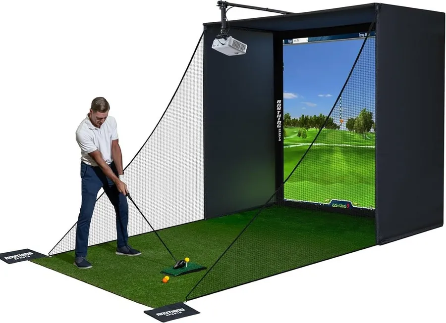 Complete 4K-ready golf simulator enclosure package with blackout cage and impact screen