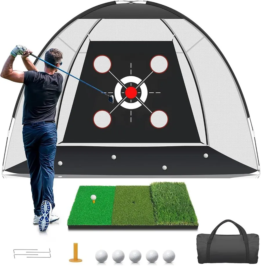 Backyard golf net with target mat and balls set up on grass