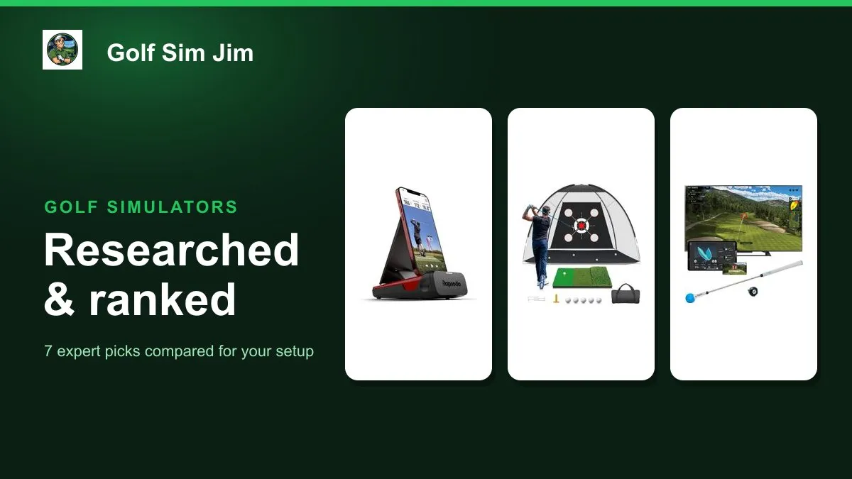 A budget home golf simulator with a launch monitor, hitting mat and impact screen in a garage