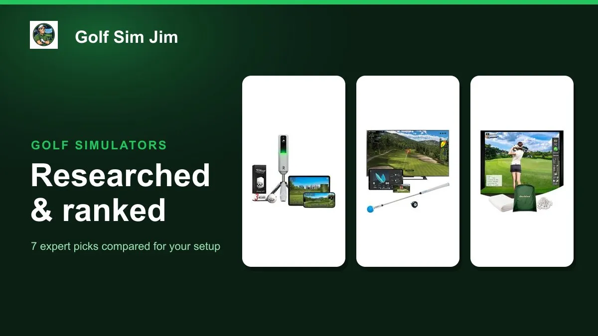 A budget indoor golf simulator set up in a garage with an impact screen, hitting mat and launch monitor