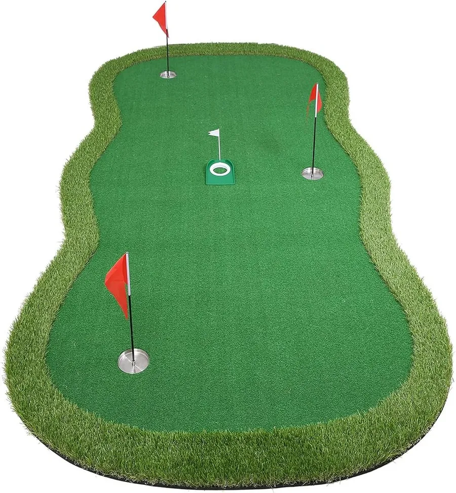Chriiena large 5 by 10 foot putting green with multiple holes and flags indoors