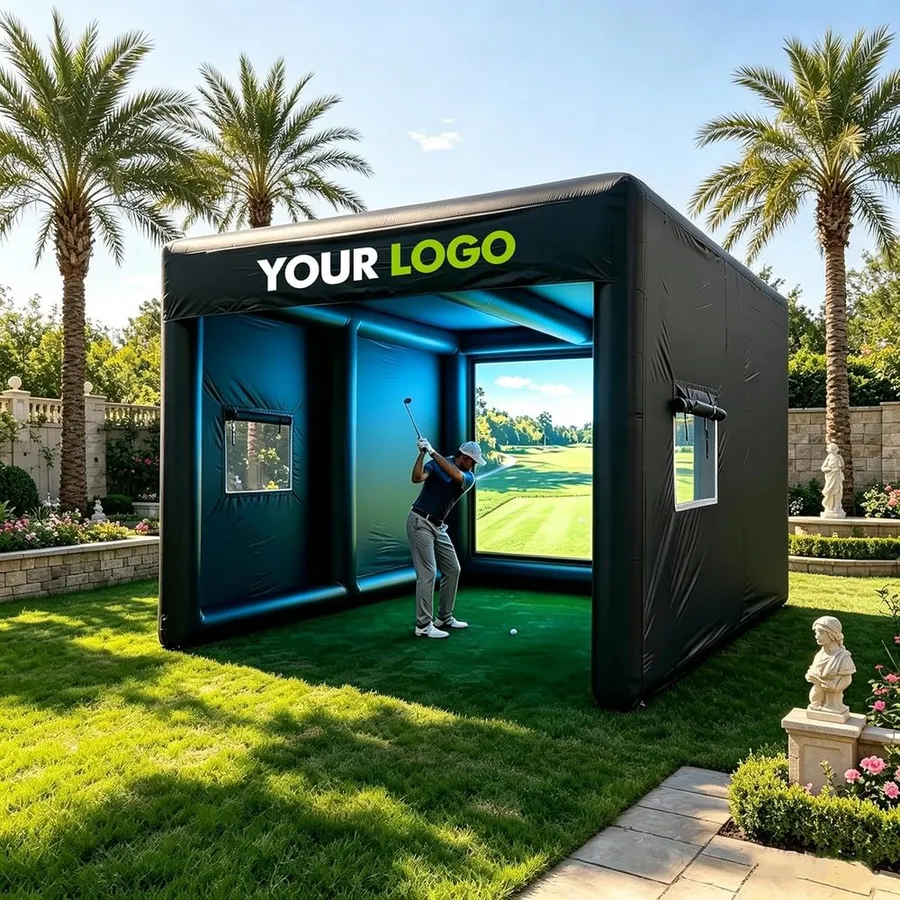 Commercial grade PVC inflatable golf simulator tent with front curtain screen