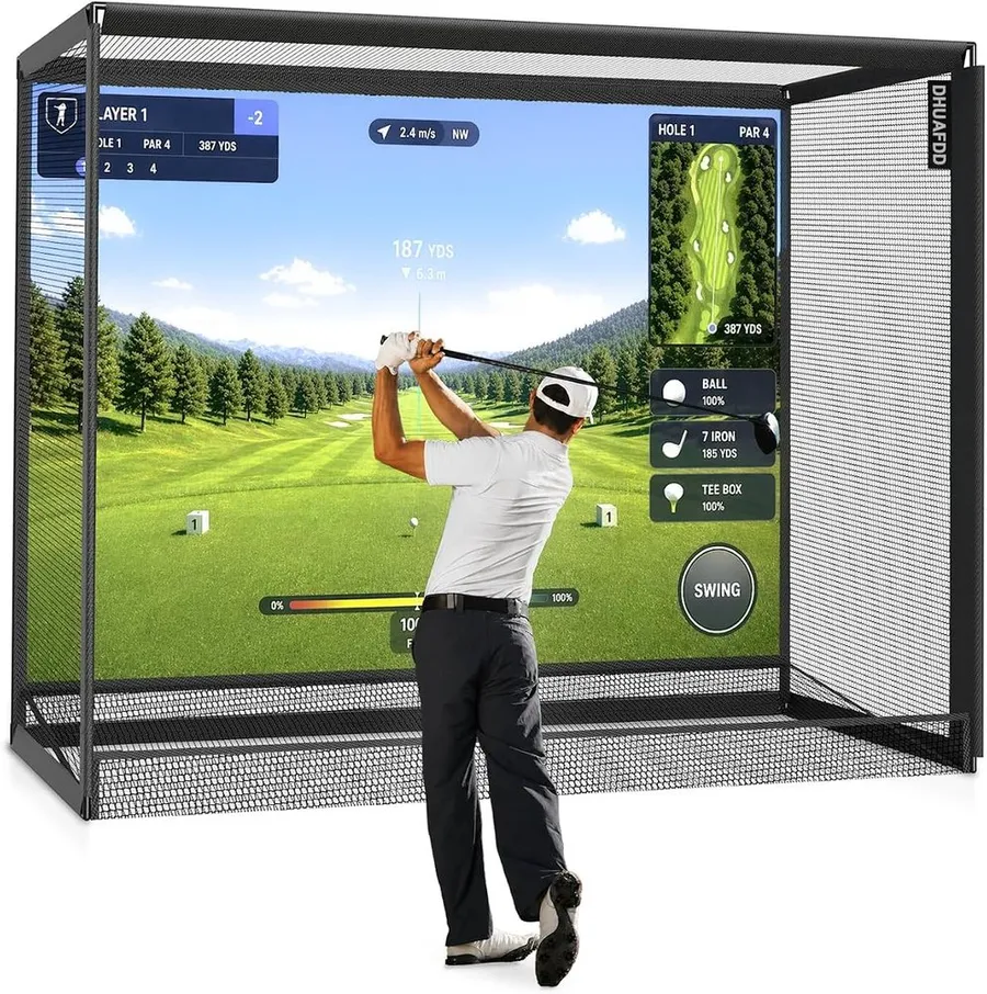 DHUAFDD steel-frame golf cage with impact screen and ball return