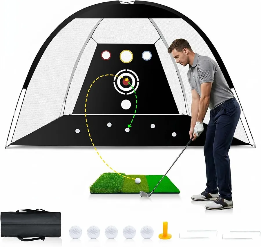 Dikutar all-in-one golf practice net with tri-turf mat and balls