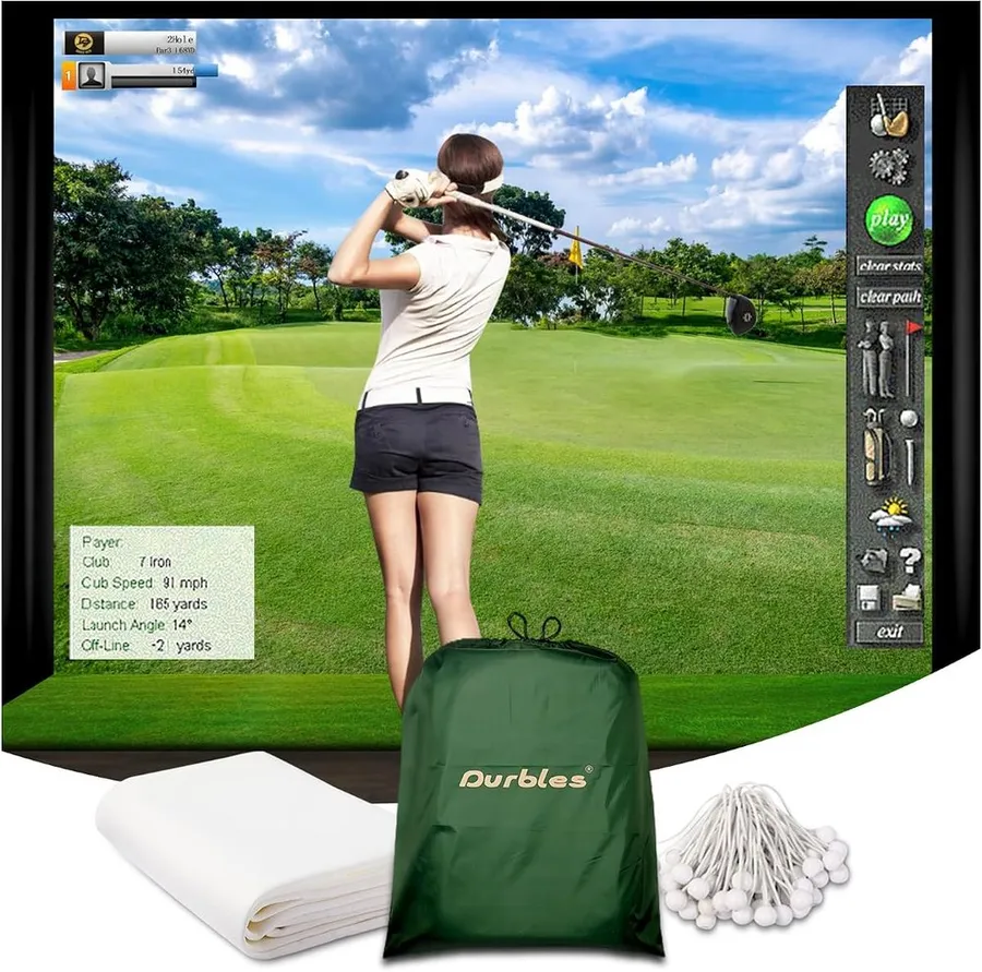 Durbles triple layer golf simulator impact screen with grommets and bungee cords
