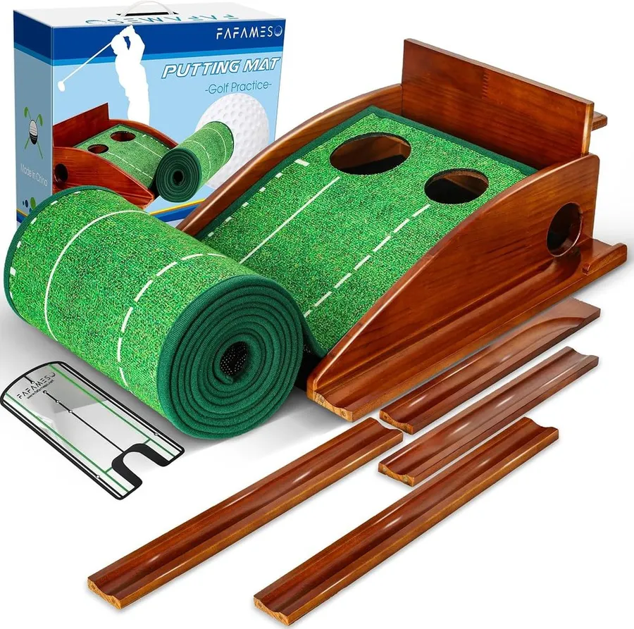 FAFAMESO portable putting mat with automatic ball return rolled out on a floor
