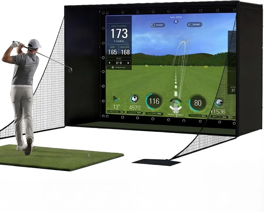 Garvee adjustable golf simulator enclosure with impact screen and blackout cage in a garage