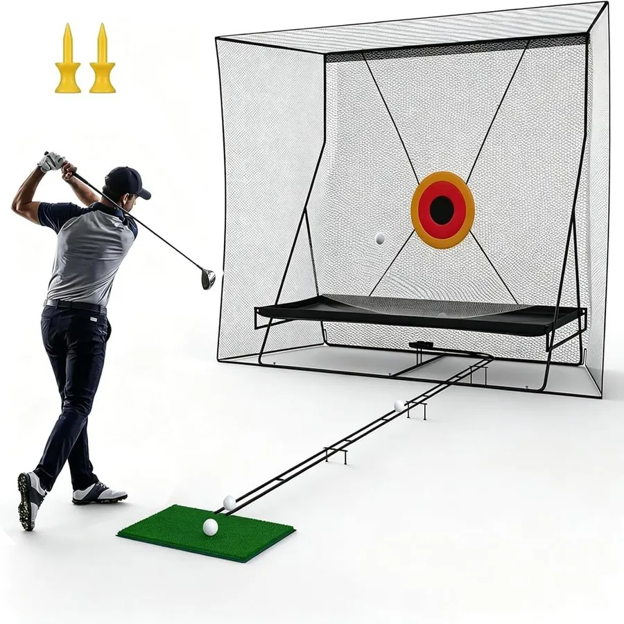 Garvee golf net with a dual turf mat, chipping net and silk targets set up outdoors