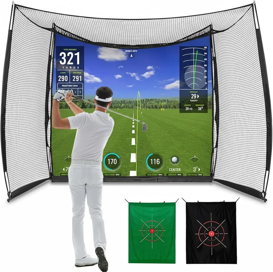11 by 8 foot golf simulator enclosure with a blank impact screen and target cloth