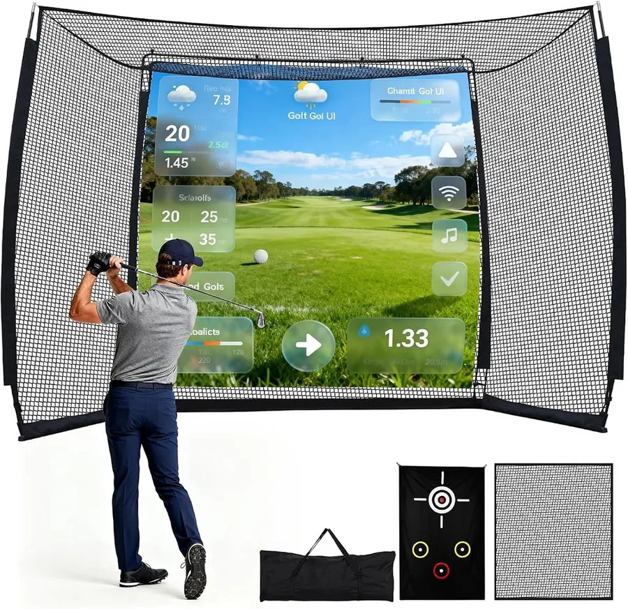 Freestanding golf practice net with an HD simulator screen and ball return