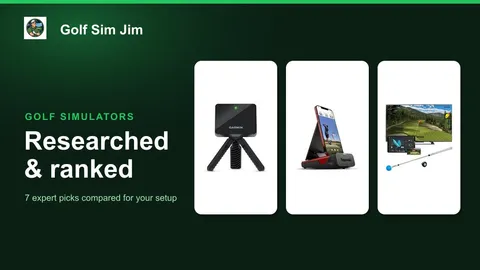 Seven virtual golf simulator options from a swing stick to a premium camera unit arranged by price behind a golf ball