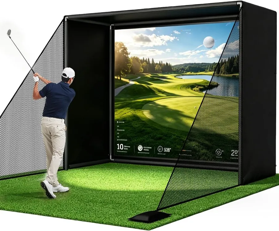 10x8 foot golf simulator enclosure with impact screen and side nets