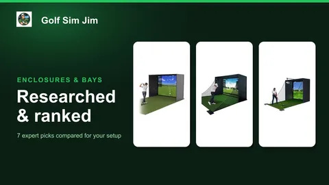 Seven golf simulator enclosures with impact screens and netting set up in a home garage bay