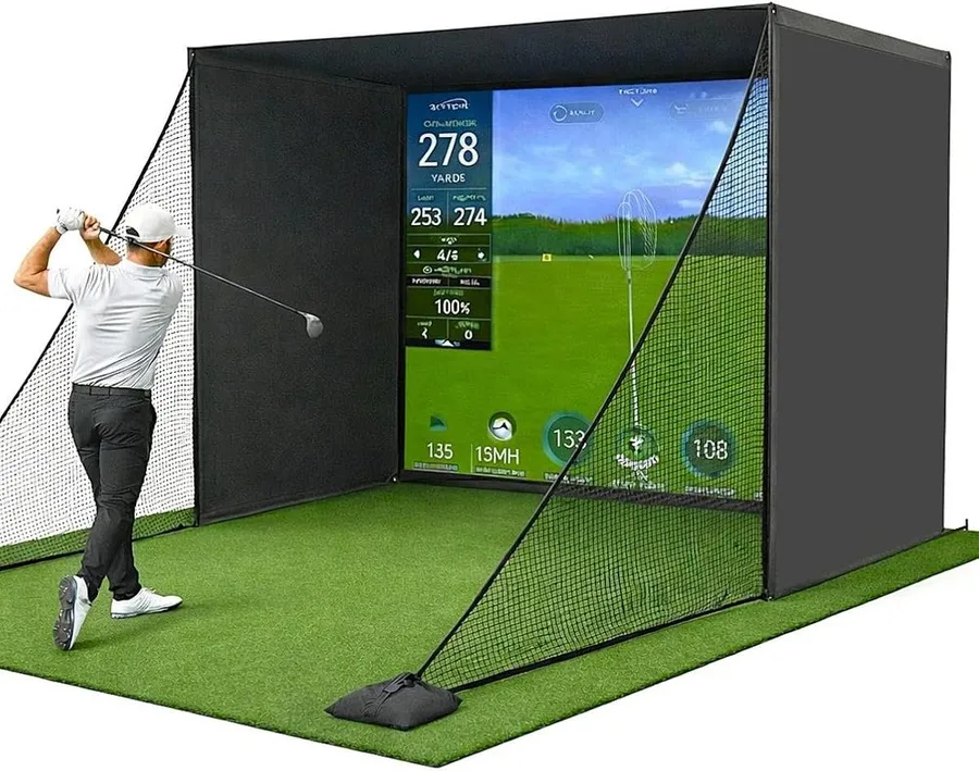 10 by 8 foot golf simulator enclosure cage with HD impact screen for a garage