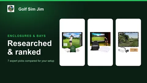 A row of golf simulator impact screens showing a projected course image in a home bay