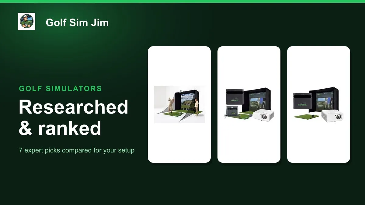 A home golf simulator package set up in a garage with an enclosure, impact screen, hitting mat and launch monitor