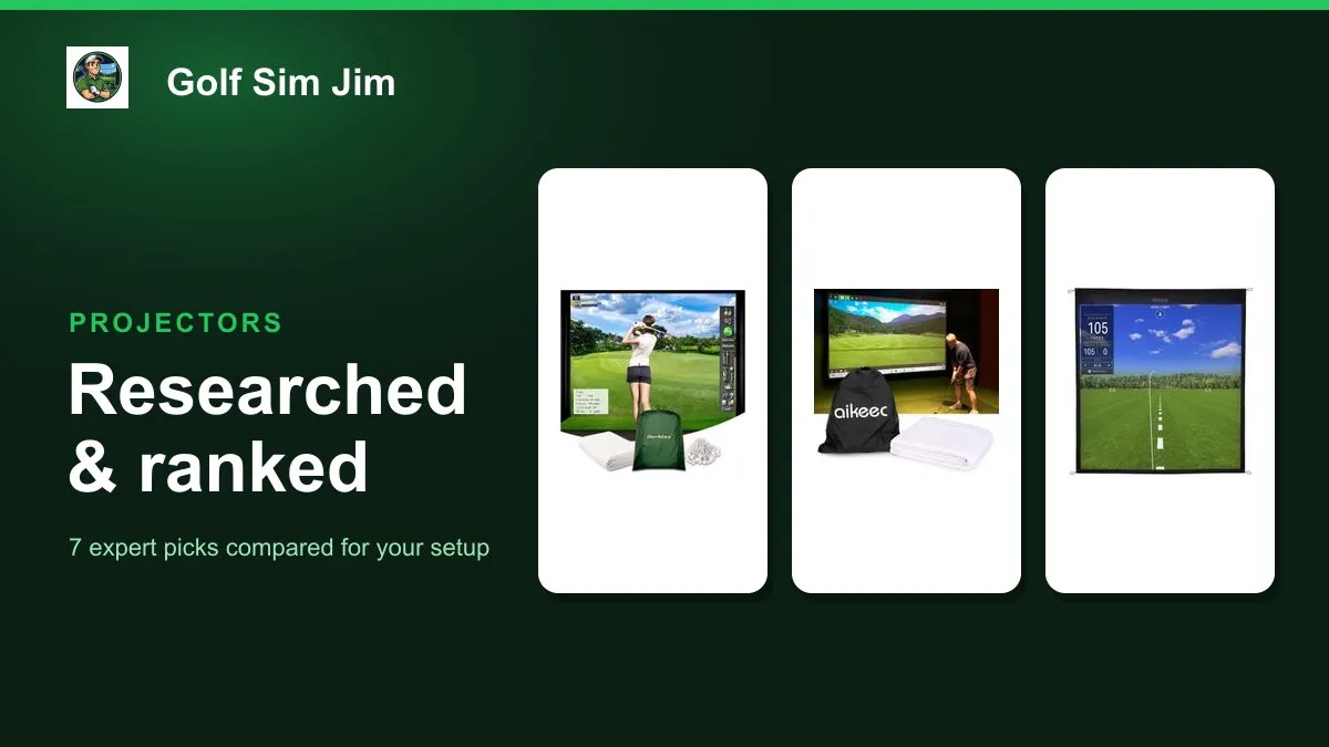 A golf simulator projector screen showing a bright course image in a home hitting bay
