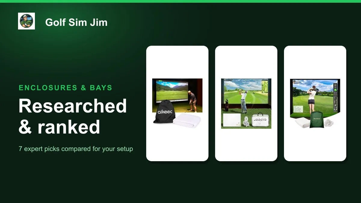 Seven golf simulator impact screens showing projected courses set up in home garages and bays