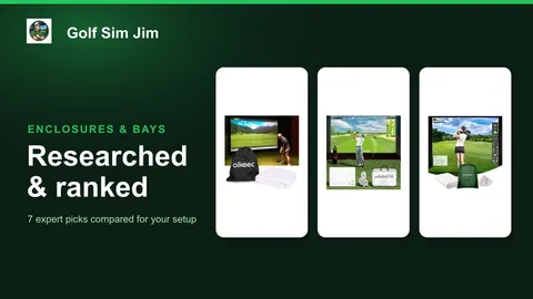 Seven golf simulator impact screens showing projected courses set up in home garages and bays