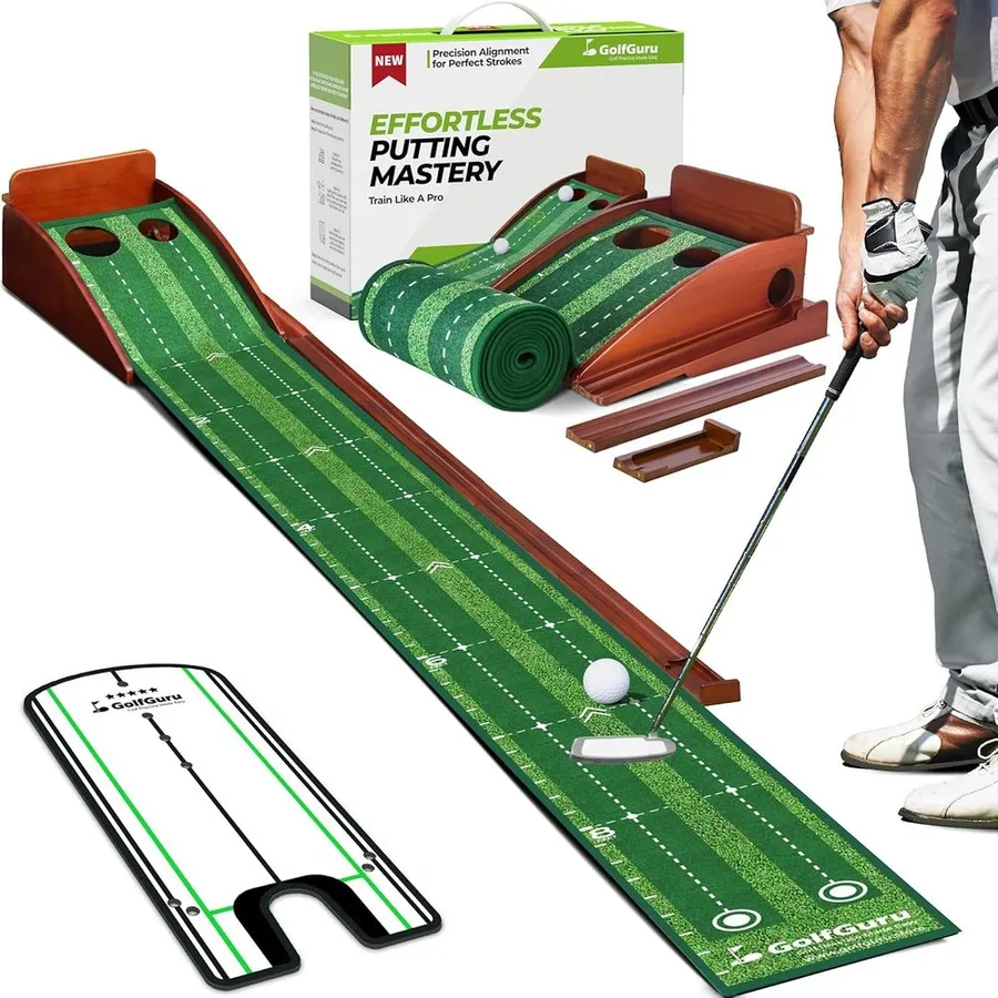 Golfguru 9.8ft crystal velvet putting green with ball return track and putting mirror