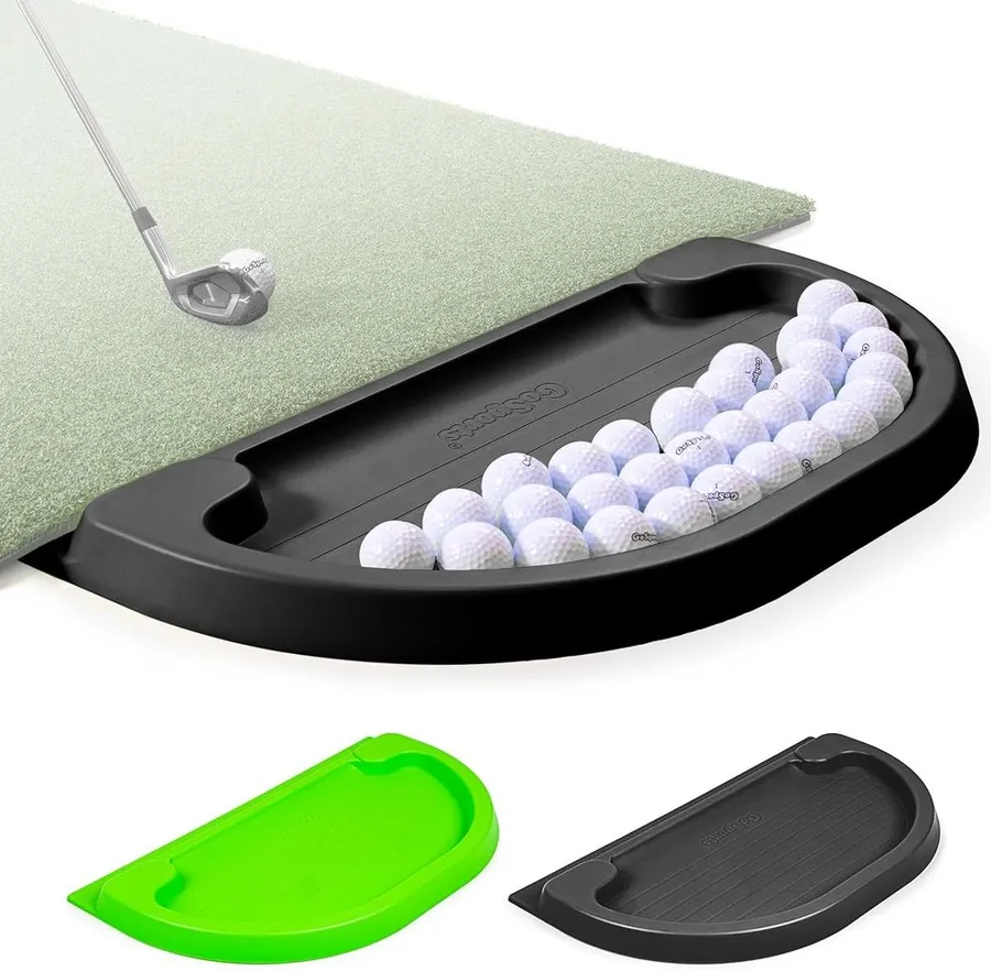 GoSports all-weather golf ball tray filled with practice balls beside a mat