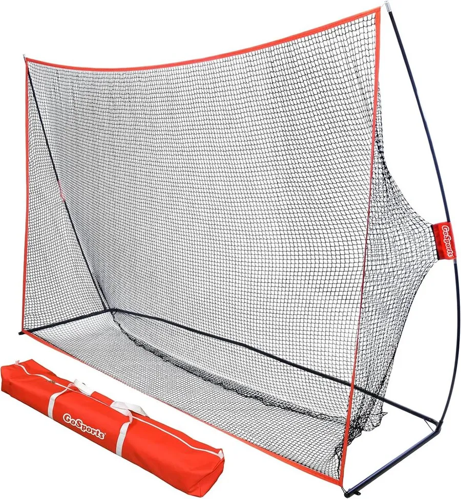 GoSports freestanding golf practice net set up for backyard driving
