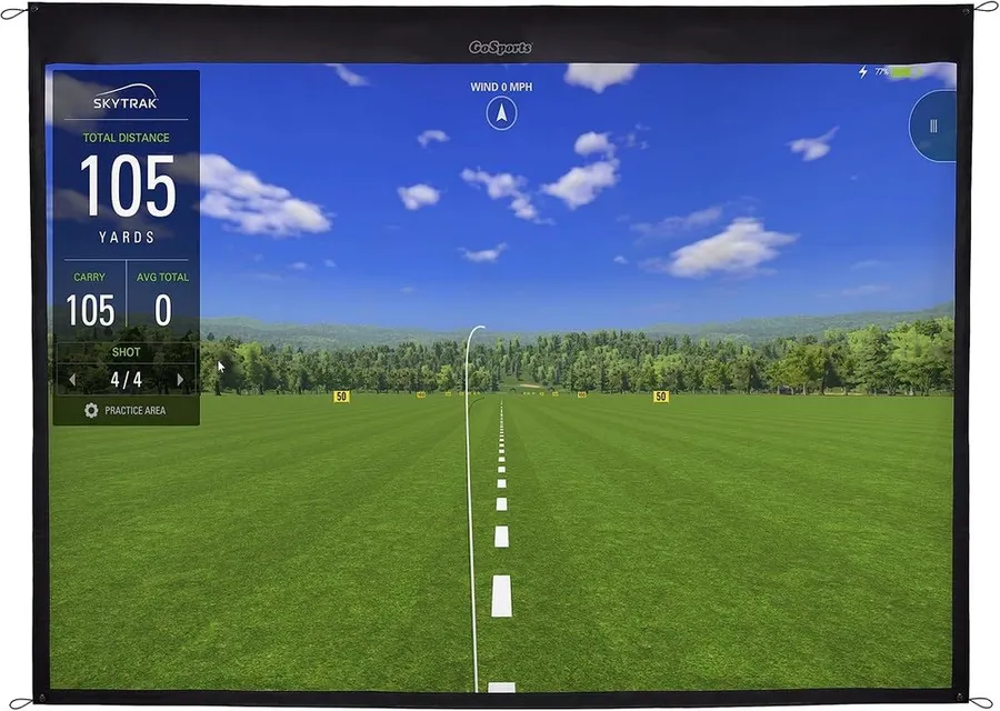 GoSports golf simulator impact screen in a 9 by 7 foot size mounted for indoor practice