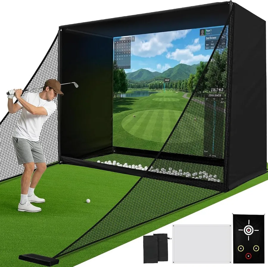 GYMMALL golf simulator net kit with HD screen, target cloth and ball return in a backyard