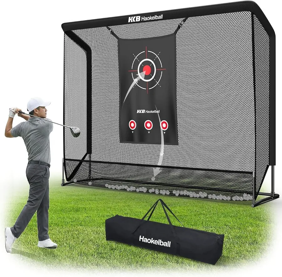 Haokelball golf net with side barriers and ball return channel in a backyard