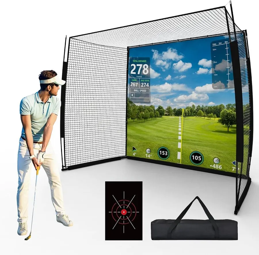 IDEATRY golf simulator impact screen and net cage with target for home practice