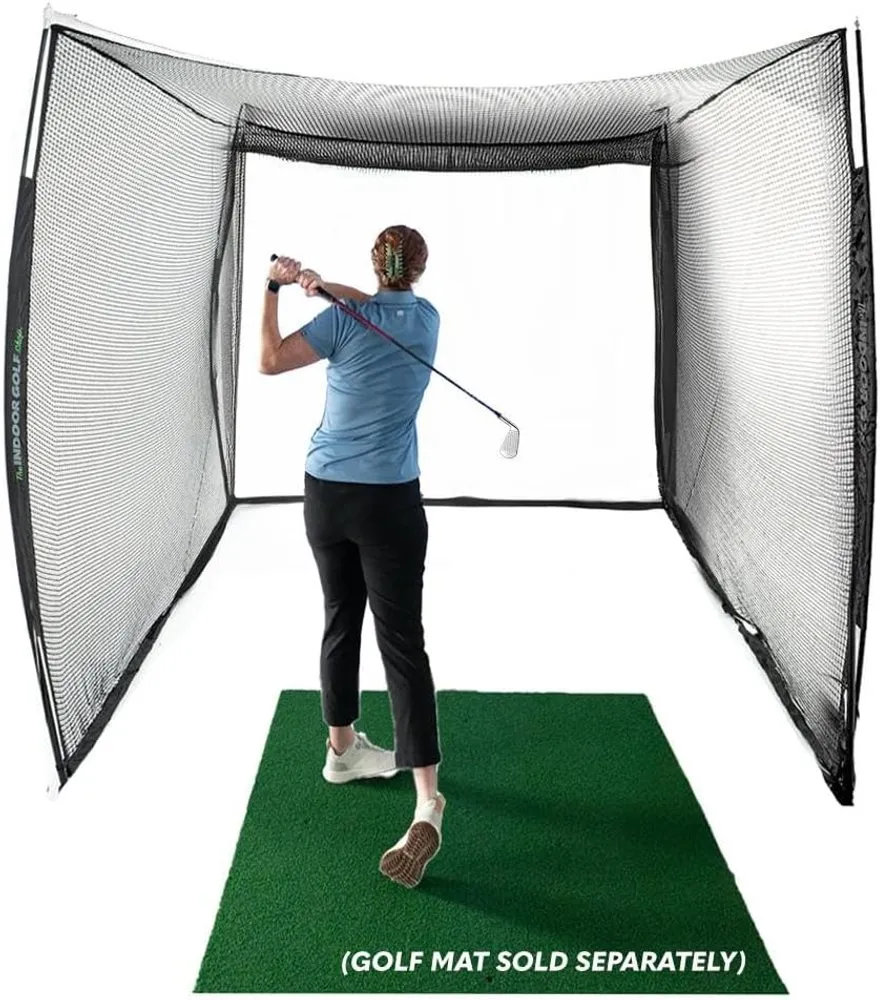 The Indoor Golf Shop knotless golf hitting net with a simulator impact screen for indoor practice