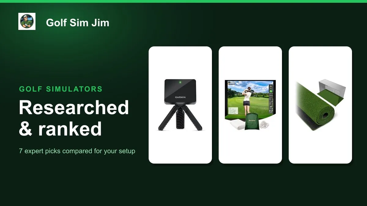 An indoor golf simulator bay with a launch monitor, hitting mat and projected course on an impact screen