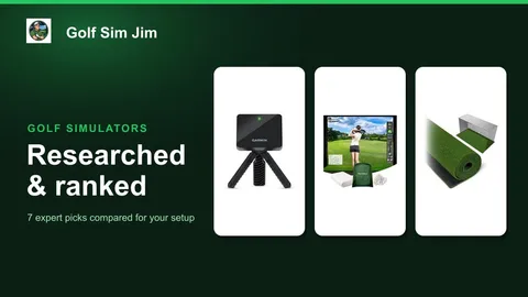 An indoor golf simulator bay with a launch monitor, hitting mat and projected course on an impact screen