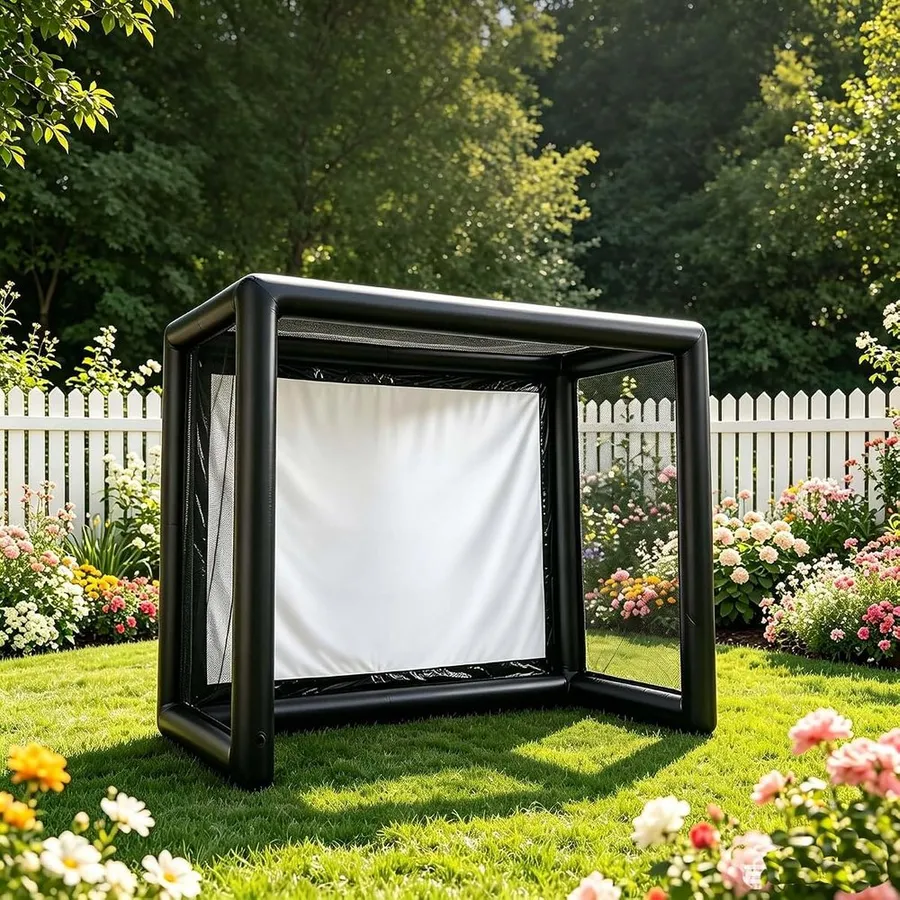 Compact inflatable golf simulator enclosure with a projection screen set up outdoors