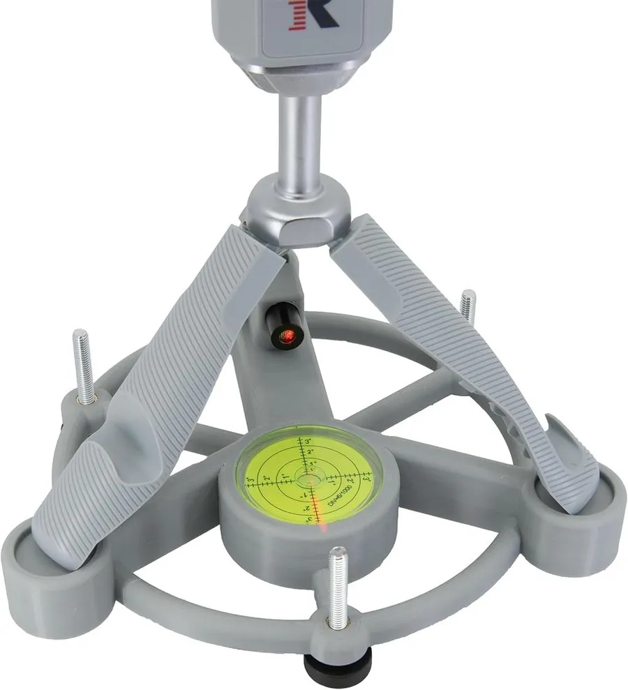 Laser alignment and leveling stand holding a Rapsodo MLM2PRO unit