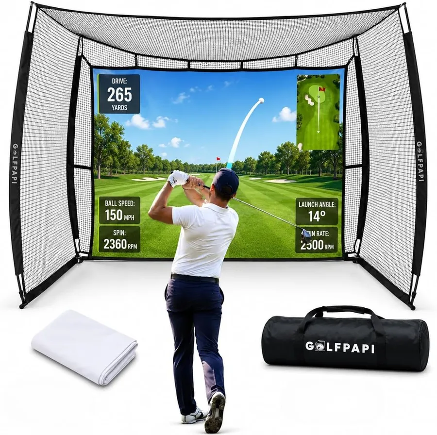 Mobile golf simulator net with a steel frame and impact screen for backyard practice