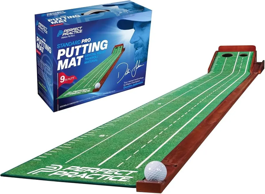Perfect Practice putting mat with tour-size hole and chipping net