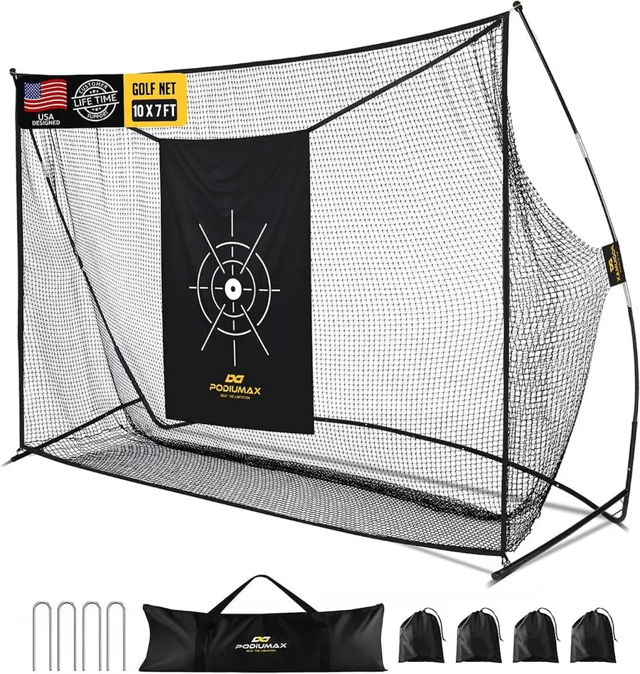 PodiuMax 10 by 7 foot golf net with noise reducing silk target