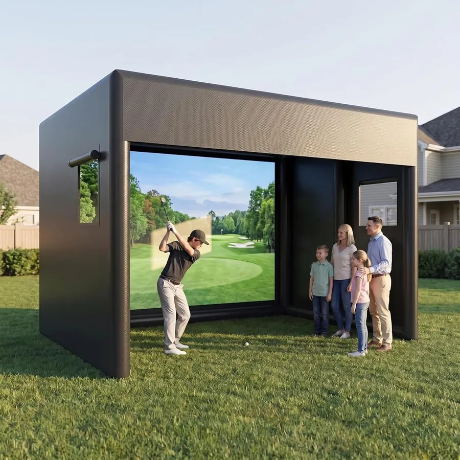 Portable inflatable golf simulator tent with a built-in front projection screen