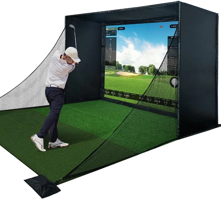 Premium HD golf simulator enclosure kit with safety padding and blackout curtain in a garage