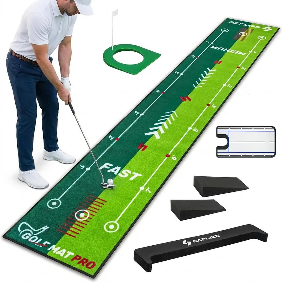 SAPLIZE two-speed putting mat with alignment mirror and anti-slip backing