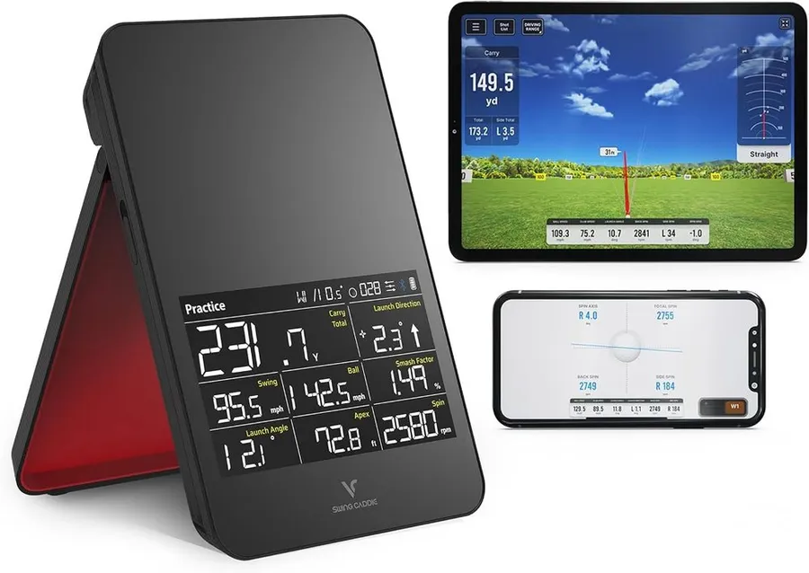 Voice Caddie SC4 PRO launch monitor with built-in screen on a mat
