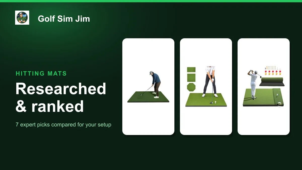 Seven golf hitting mats from premium simulator turf to foldable pads arranged around a golf ball and tee
