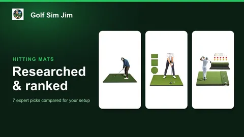 Seven golf hitting mats from premium simulator turf to foldable pads arranged around a golf ball and tee