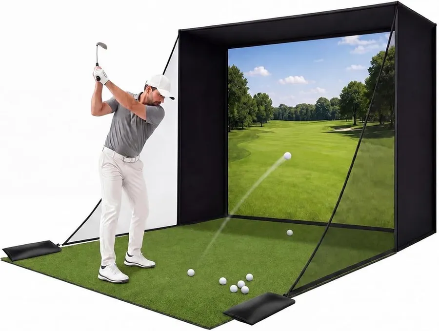 Silipull golf simulator cage with heavy steel frame, two side barriers and HD blank impact screen