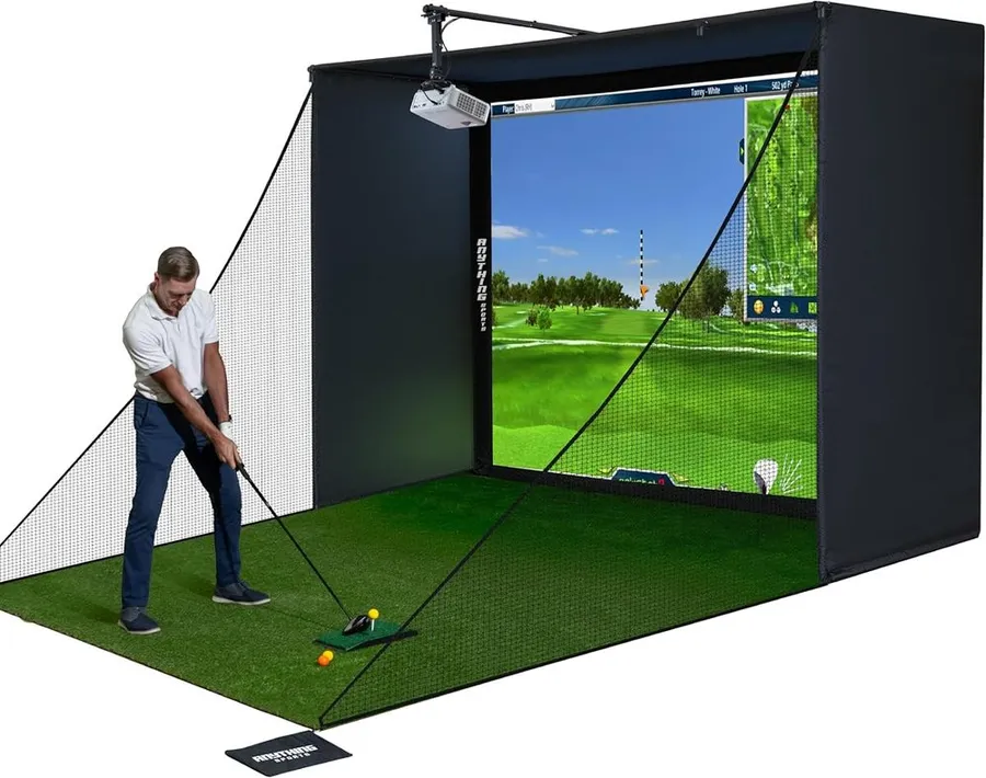 Complete golf simulator enclosure package with 4K impact screen and blackout cage