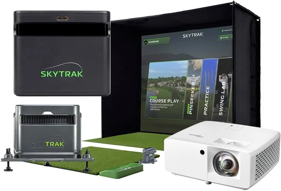SkyTrak ST MAX Ultimate golf simulator studio package with dual radar launch monitor, enclosure and HD projector