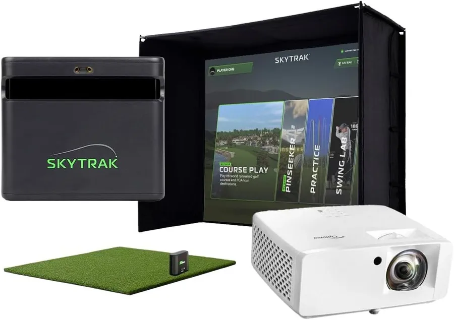 SkyTrak ST MAX standard studio golf simulator package with screen, mat and projector